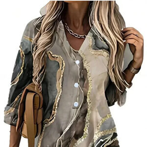 Marble Print V-Neck Blouse (Color: Mixed)